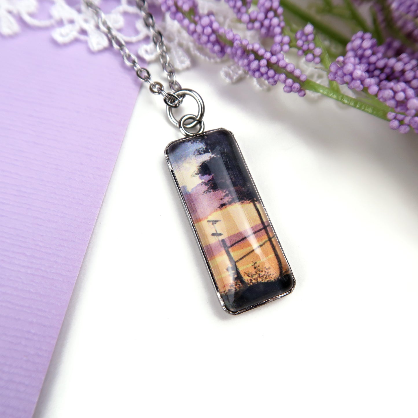 Orange Sunset Sky Miniature Watercolor Necklace