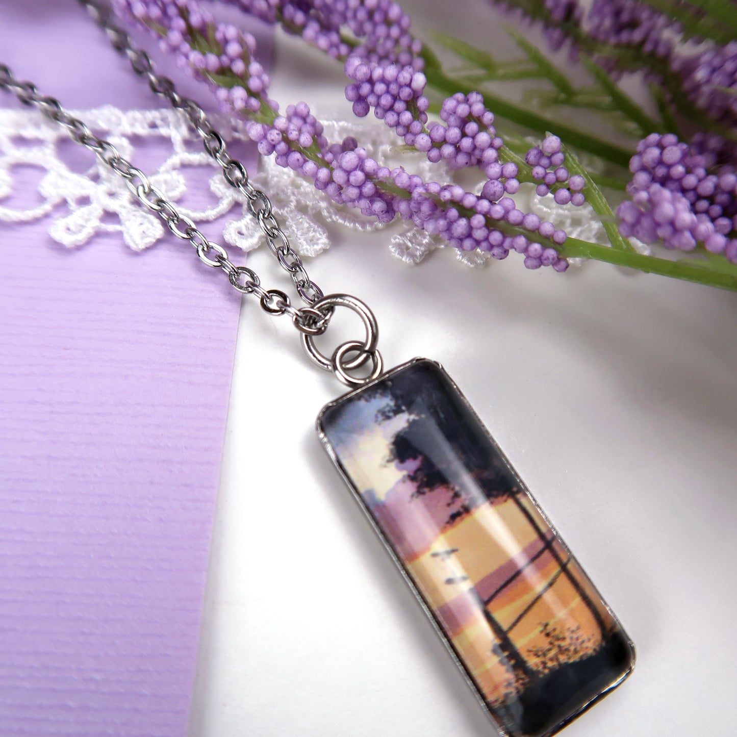 Orange Sunset Sky Miniature Watercolor Necklace
