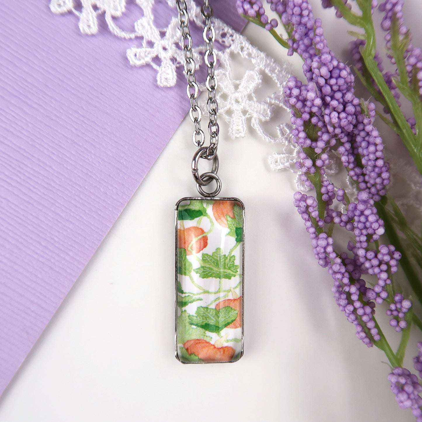 Pumpkin Vines Miniature Watercolor Plant Necklace