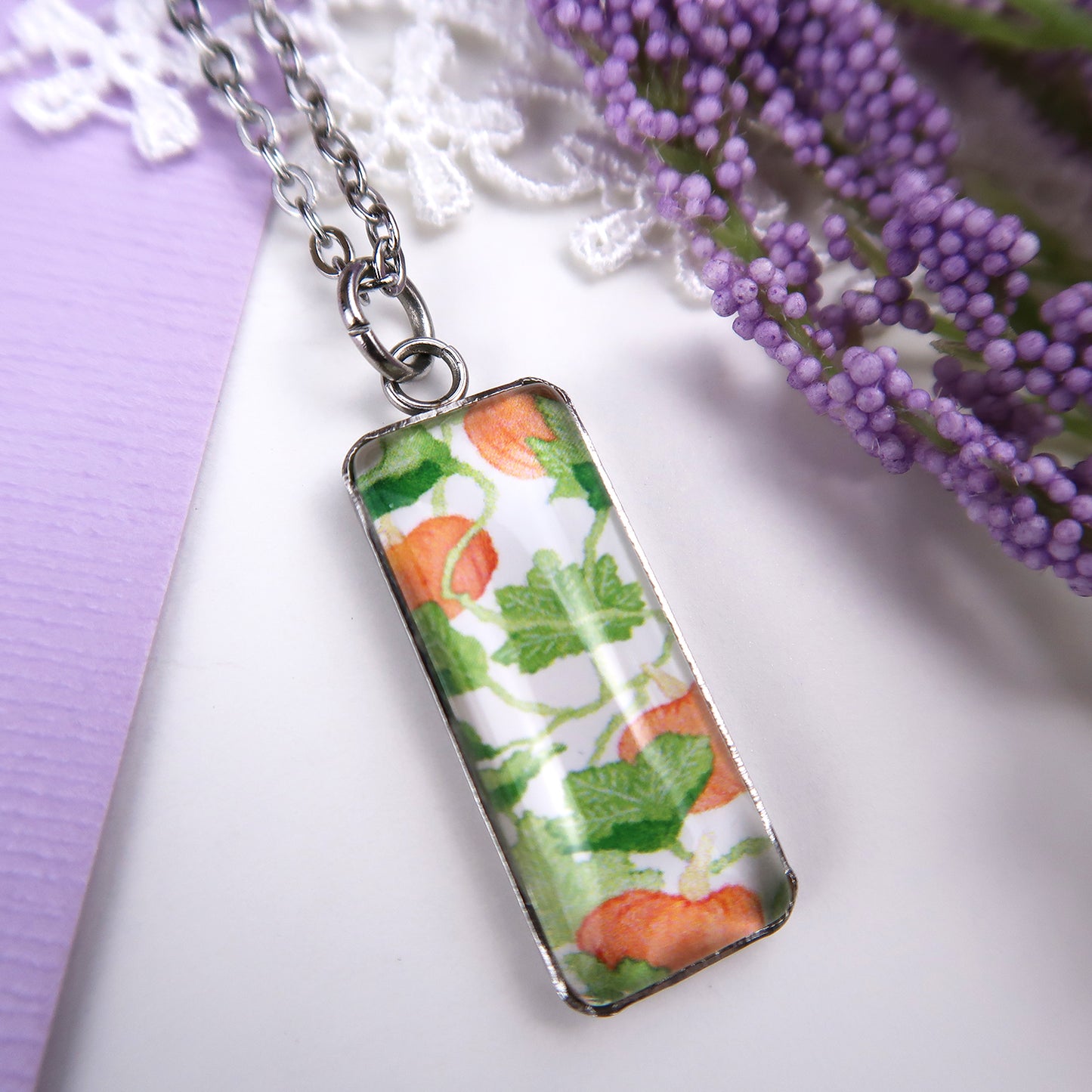 Pumpkin Vines Miniature Watercolor Plant Necklace