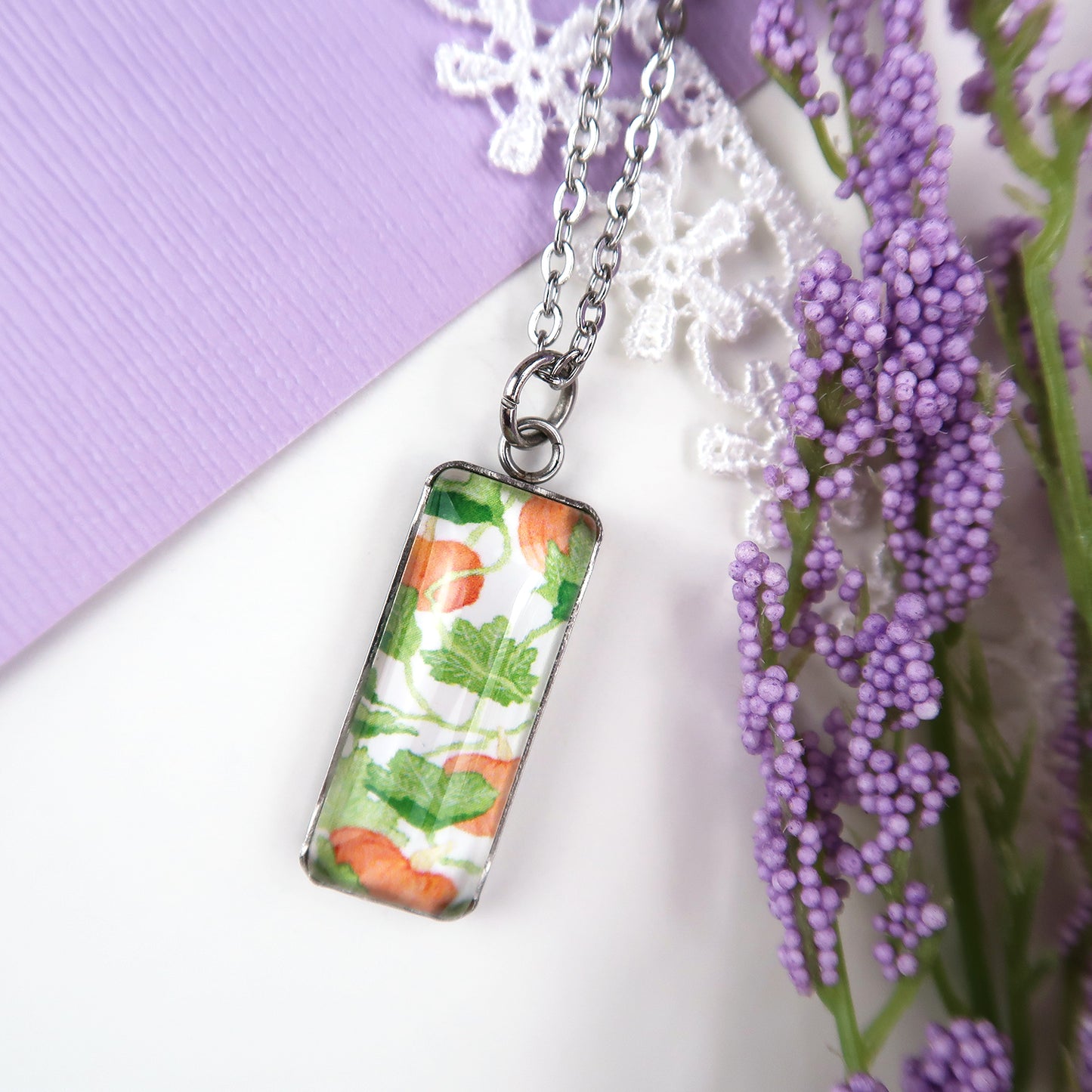 Pumpkin Vines Miniature Watercolor Plant Necklace