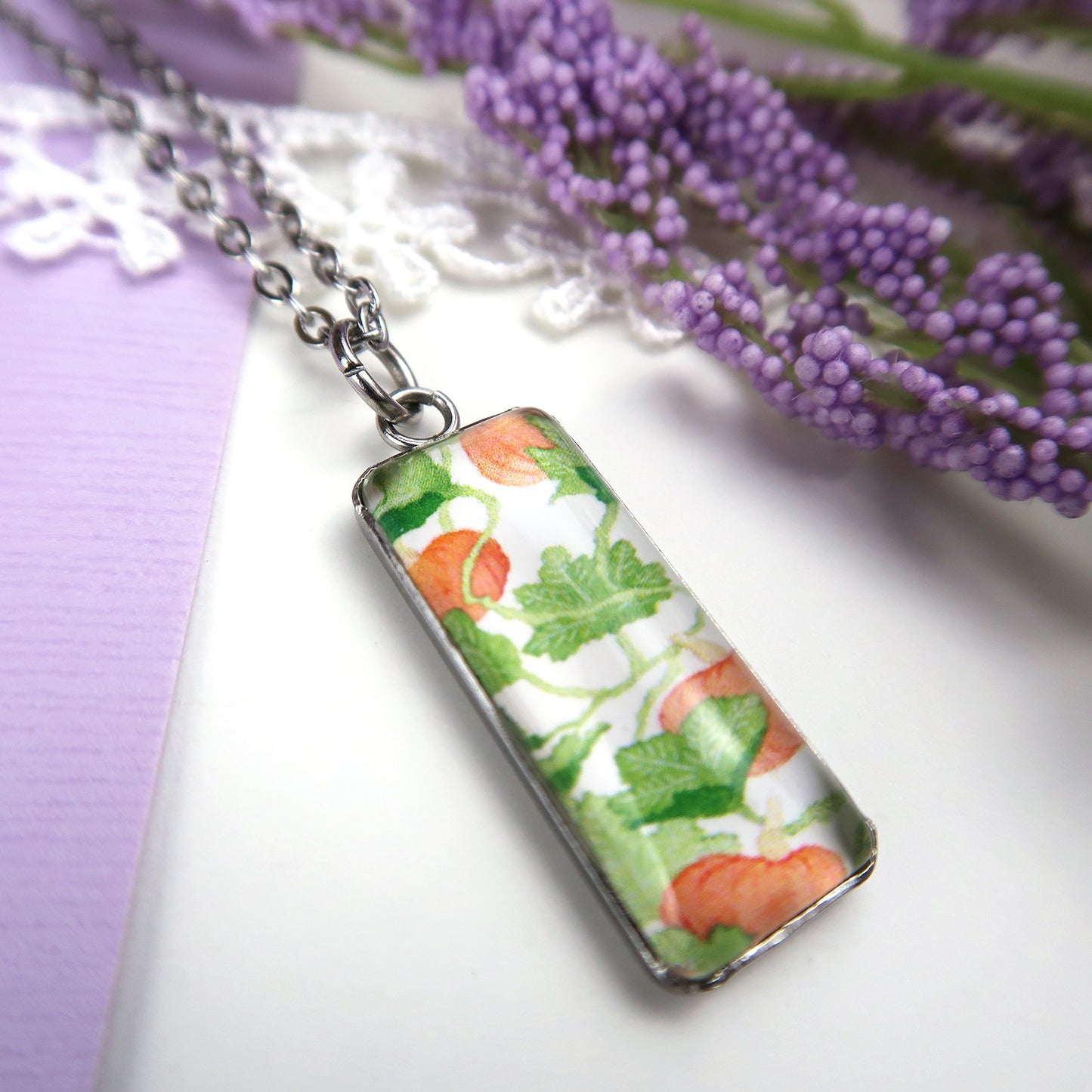 Pumpkin Vines Miniature Watercolor Plant Necklace