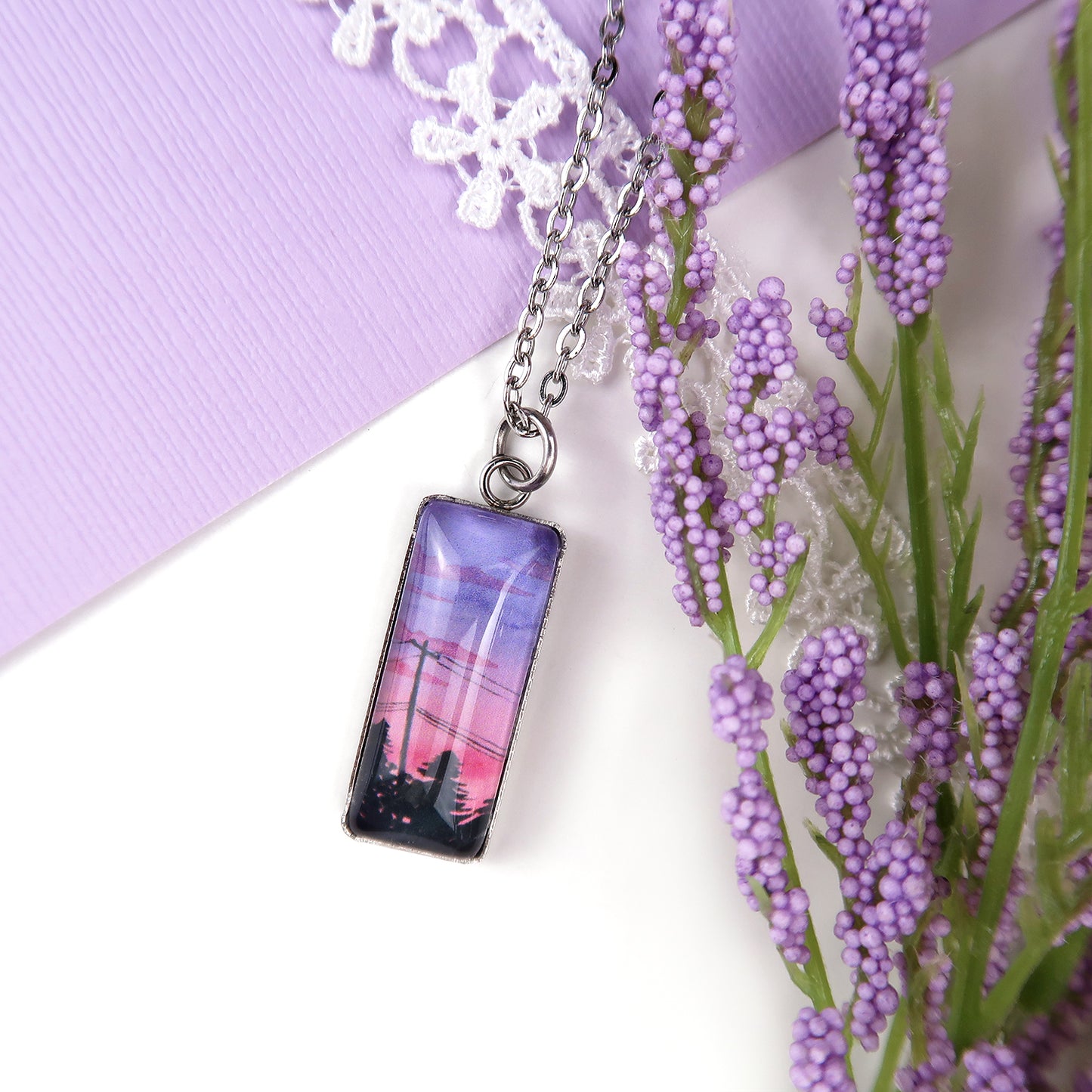 Purple and Pink Sunset Sky Miniature Watercolor Necklace