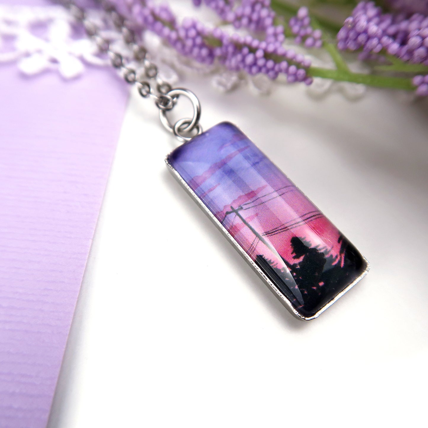 Purple and Pink Sunset Sky Miniature Watercolor Necklace