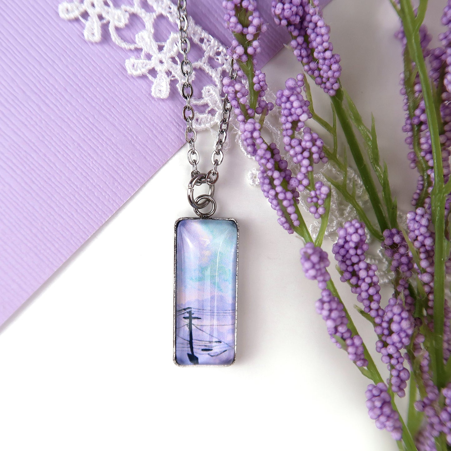 Purple Skies and Powerlines Miniature Watercolor Necklace