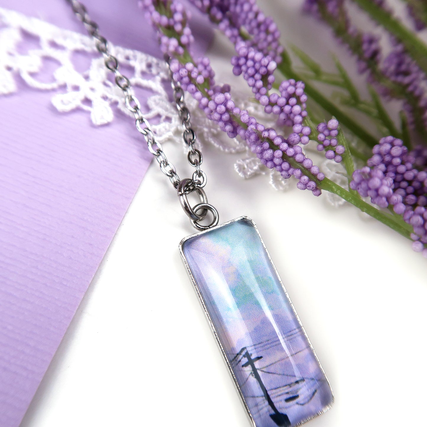 Purple Skies and Powerlines Miniature Watercolor Necklace