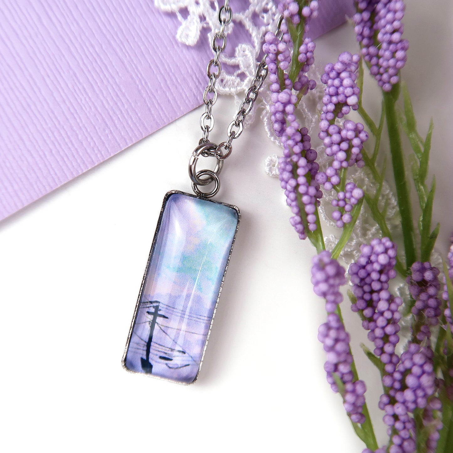 Purple Skies and Powerlines Miniature Watercolor Necklace