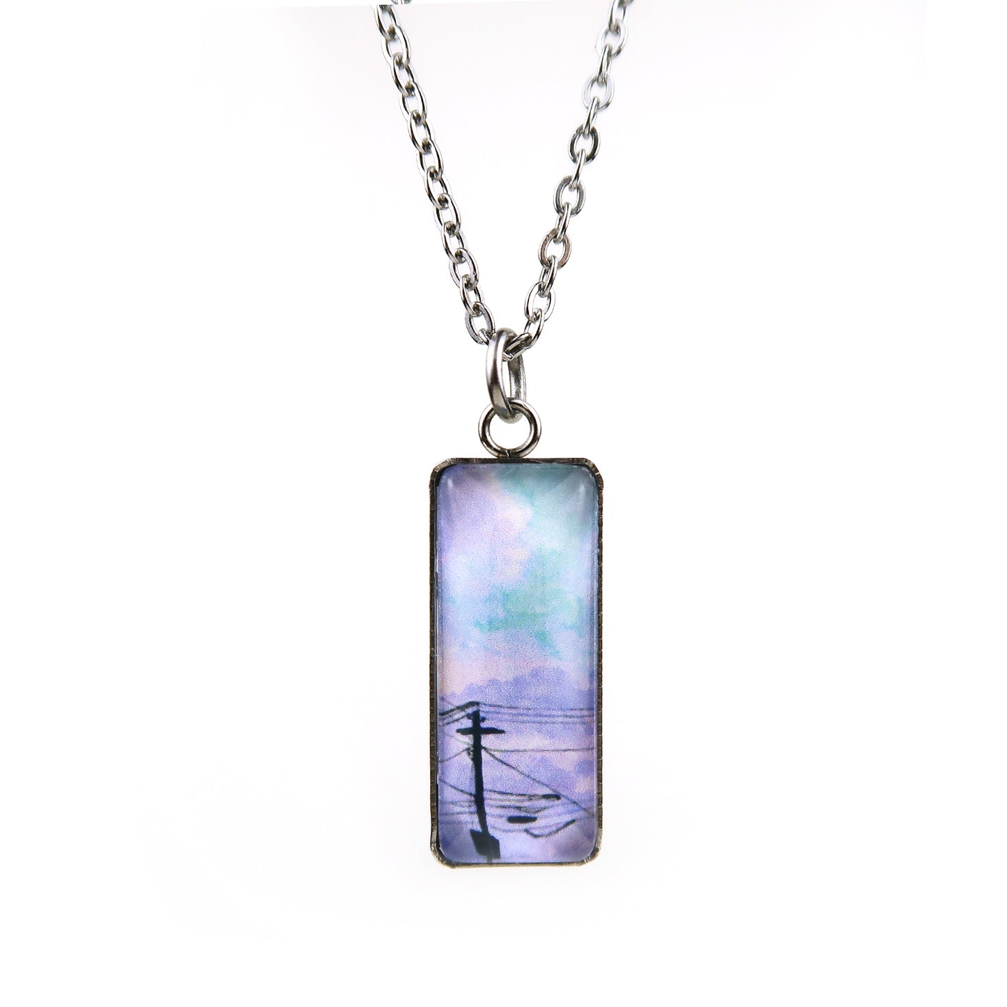 Purple Skies and Powerlines Miniature Watercolor Necklace