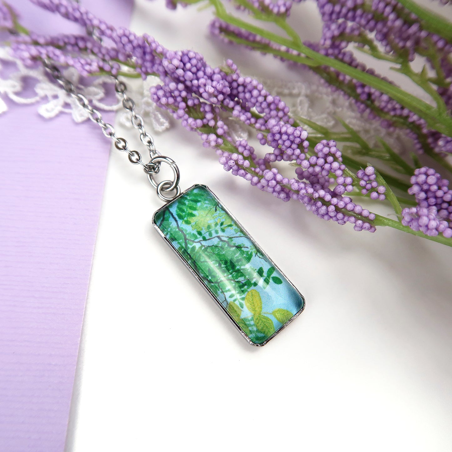 Summer Leaves Miniature Watercolor Plant Necklace