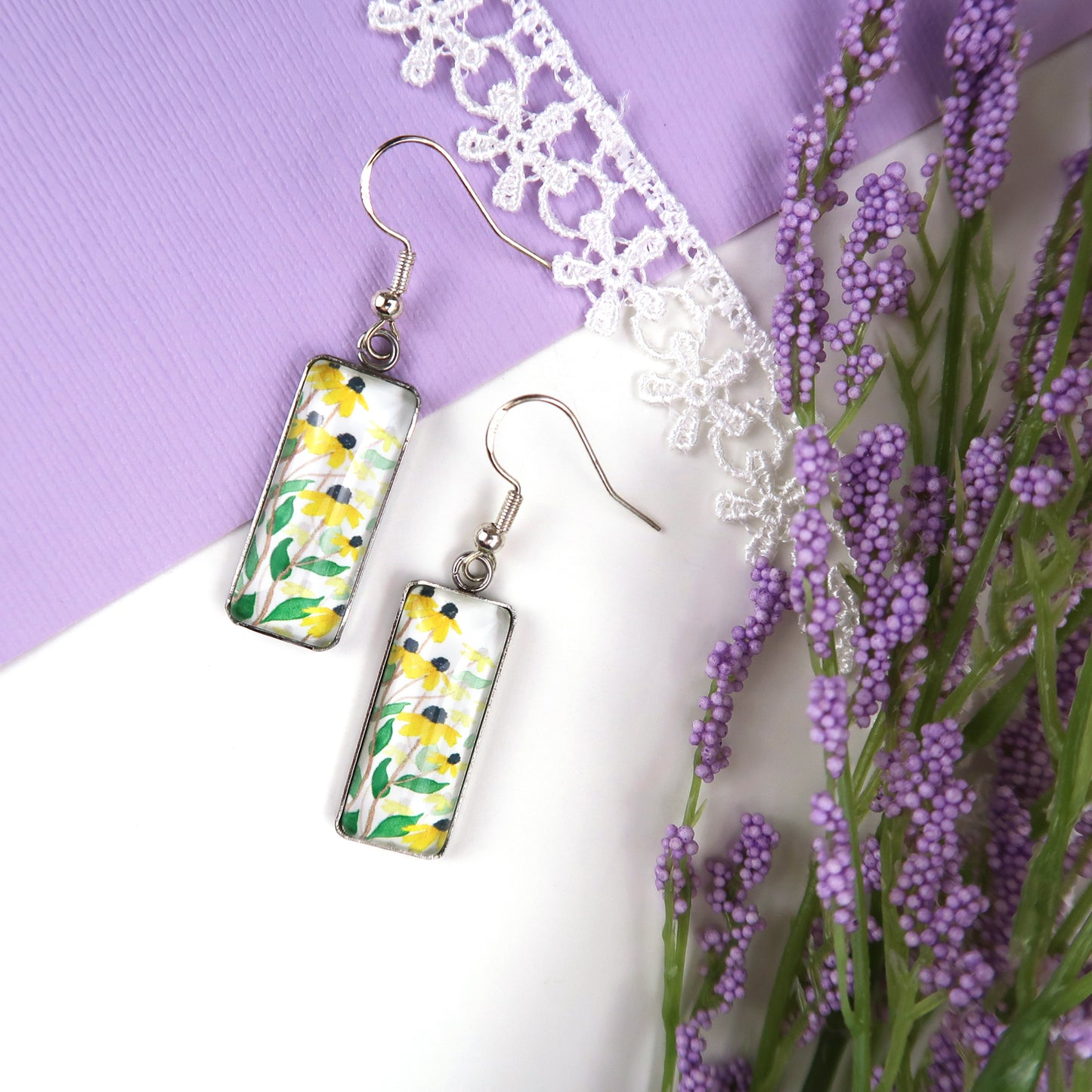 Yellow Daisies Rectangle Dangle Earrings