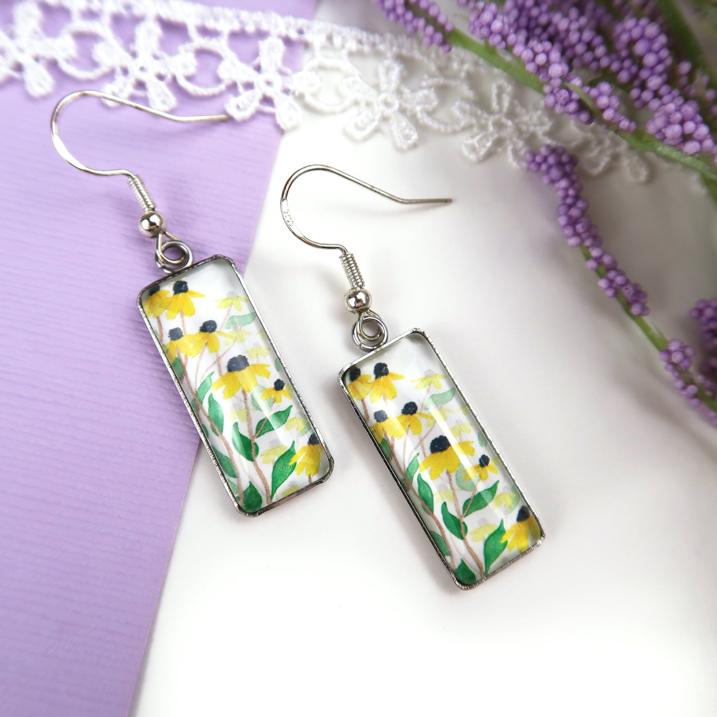 Yellow Daisies Rectangle Dangle Earrings