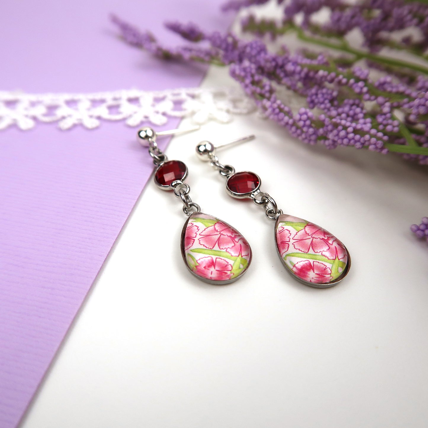 January Birth Flower Earrings - Carnations