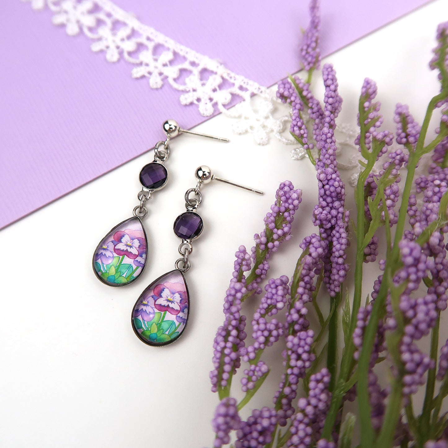 February Birth Flower Earrings - Violets