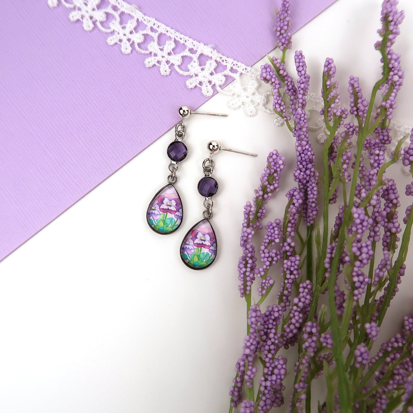 February Birth Flower Earrings - Violets