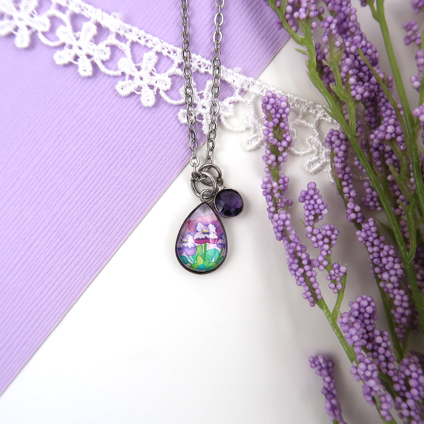 February Birth Flower Necklace - Violets