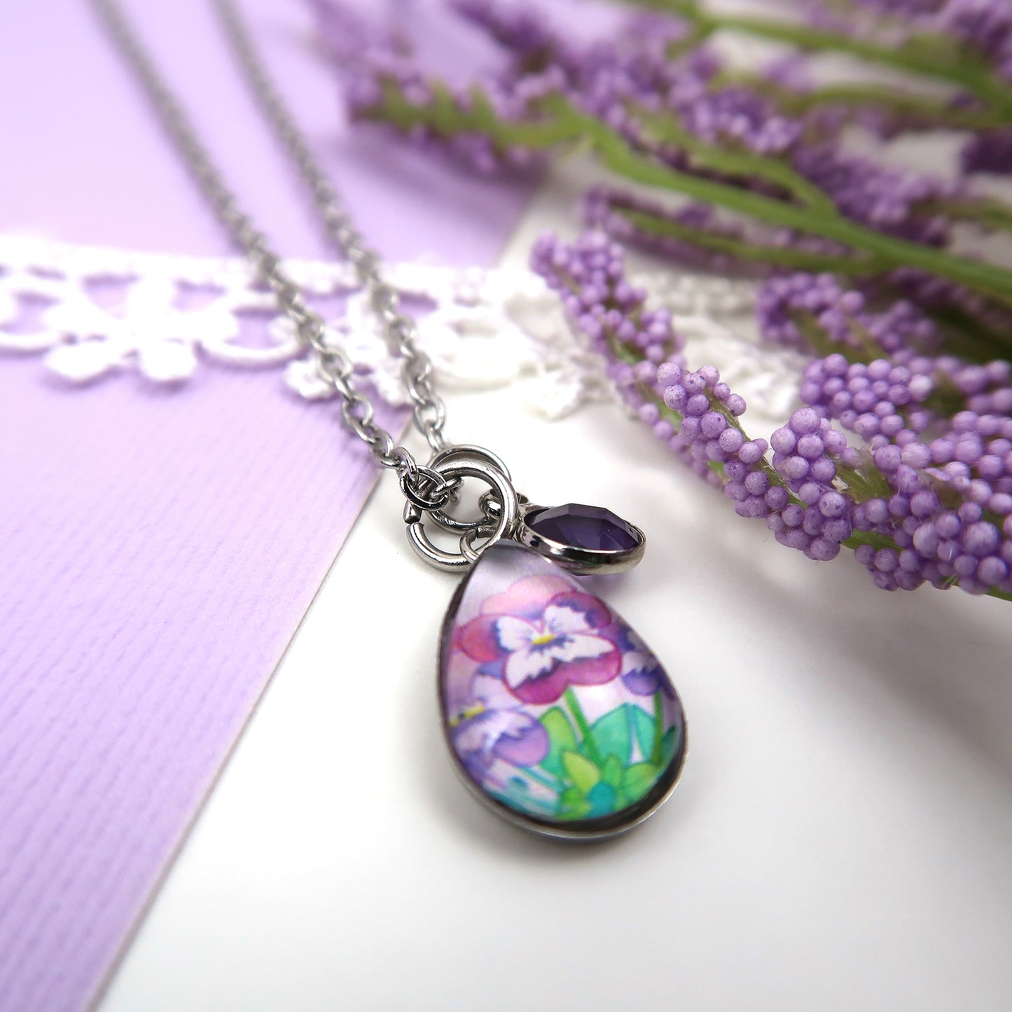 February Birth Flower Necklace - Violets