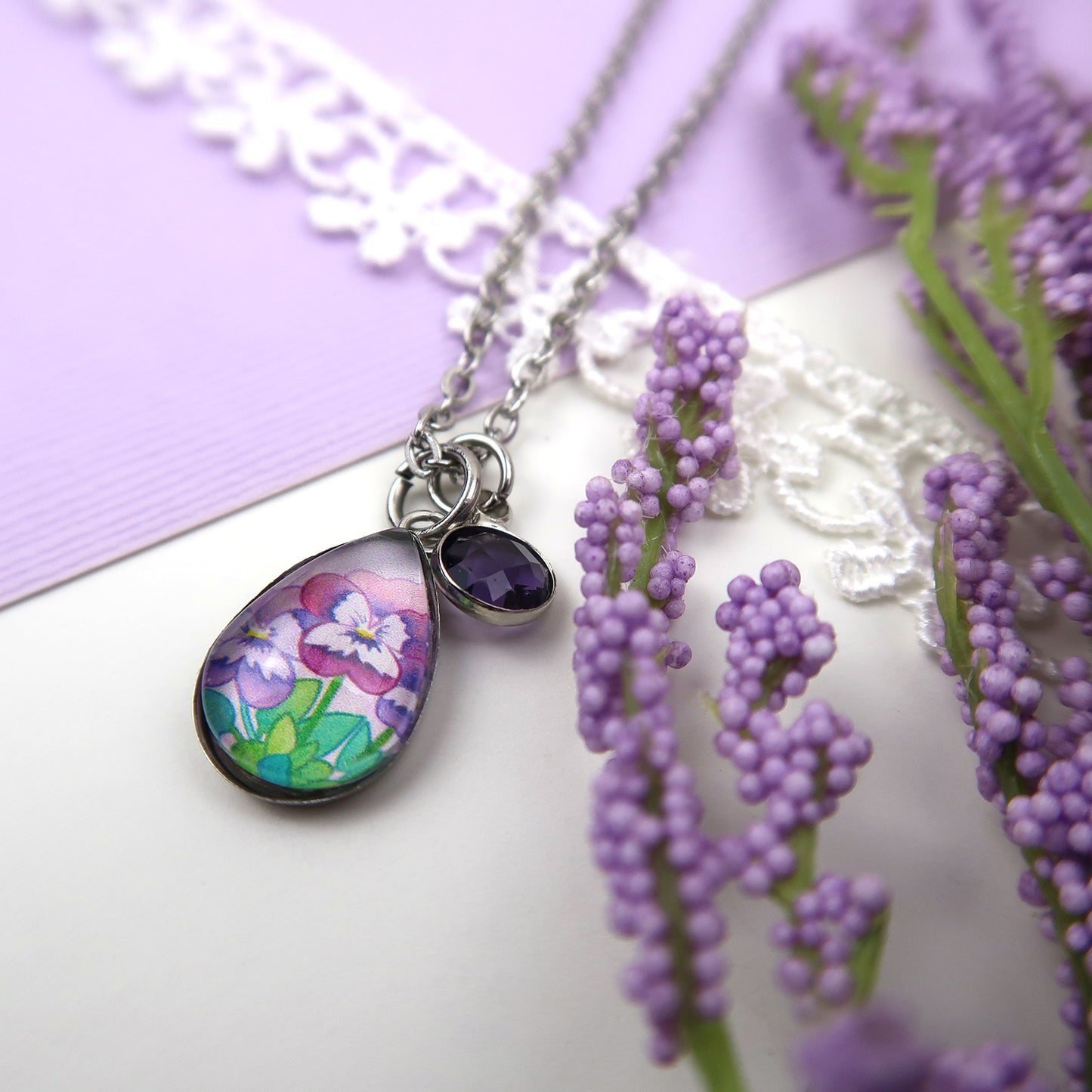 February Birth Flower Necklace - Violets