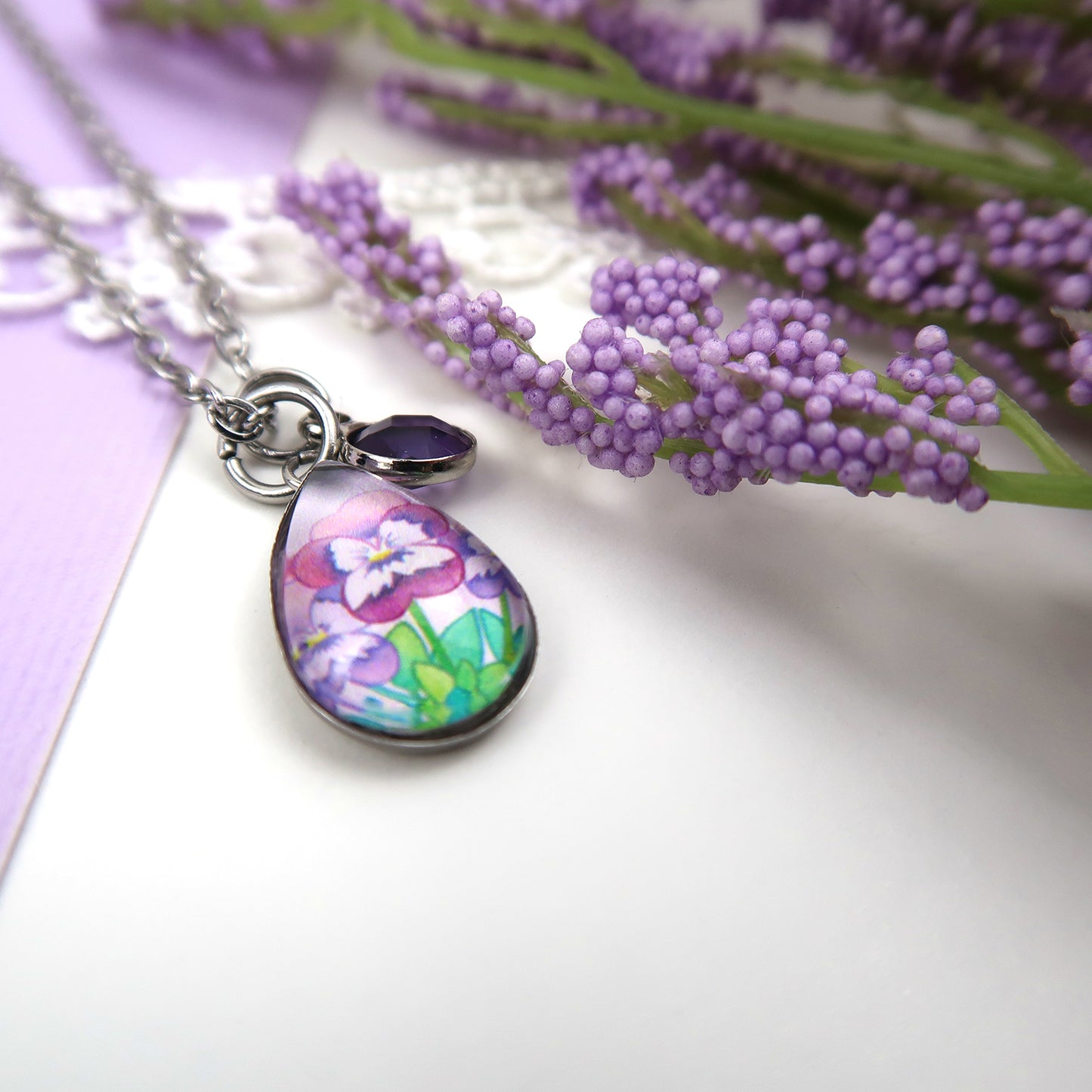February Birth Flower Necklace - Violets