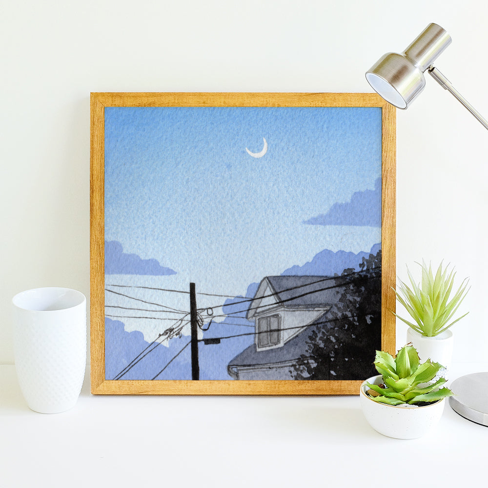 Blue Dusk Moon - Watercolor Sky Art Print