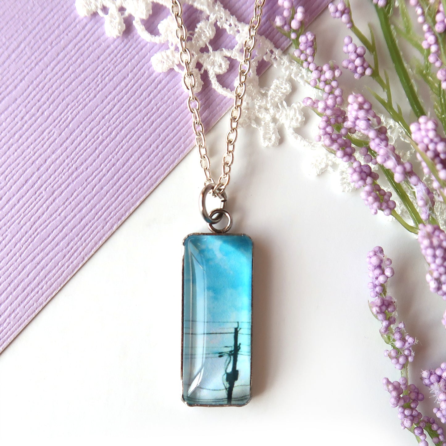 Blue Skies and Powerlines Miniature Watercolor Necklace