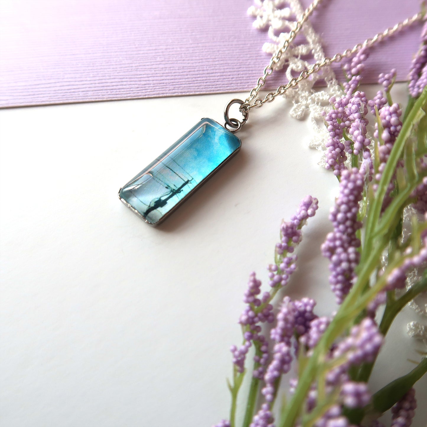 Blue Skies and Powerlines Miniature Watercolor Necklace