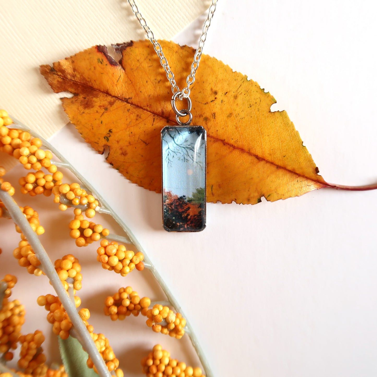 Clear Blue Fall Sky with Moon Miniature Watercolor Necklace