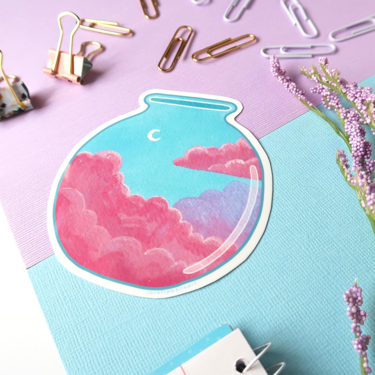 Cotton Candy Clouds and Moon Sky Jar Glossy Vinyl Die Cut Sticker
