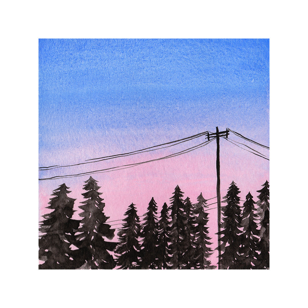 Cotton Candy Sunset with Pine Trees and Powerlines - Watercolor Sky Art Print