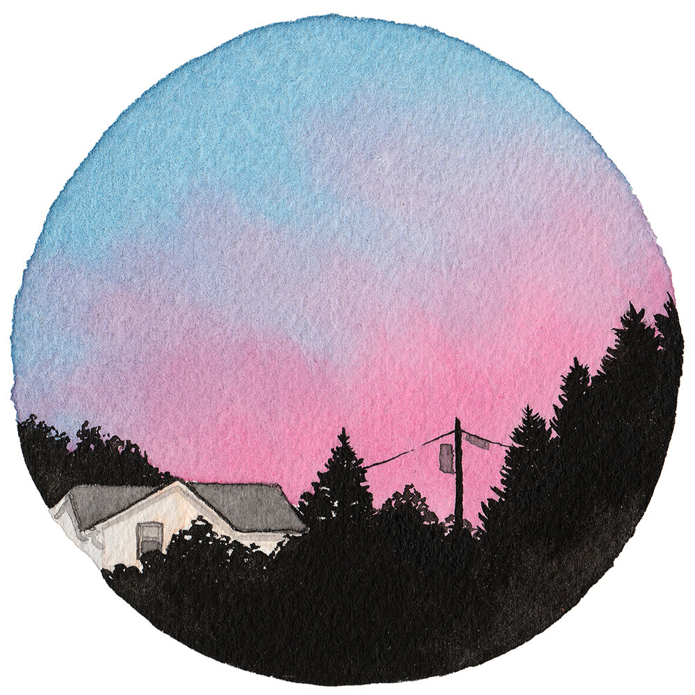 Cotton Candy Sunset with Trees - Original Watercolor Painting Inktober Day 19
