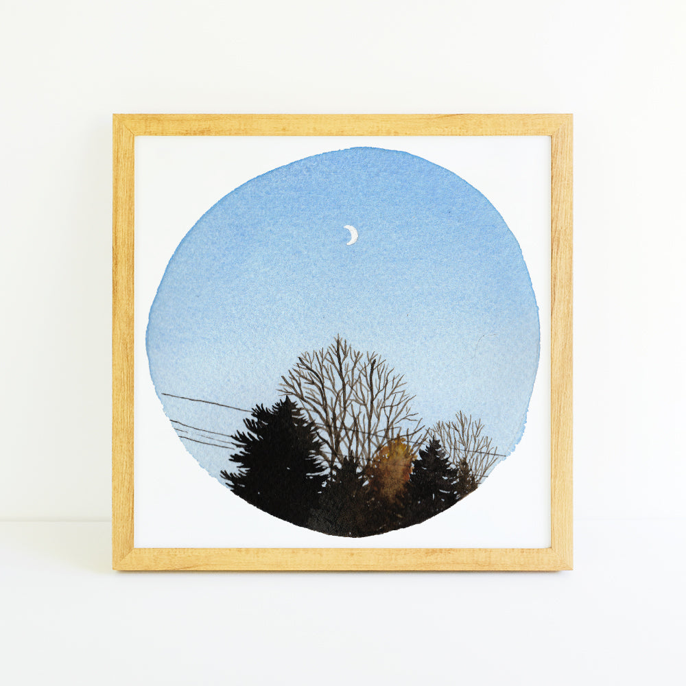 Crescent Moon and Trees - Watercolor Sky Art Print