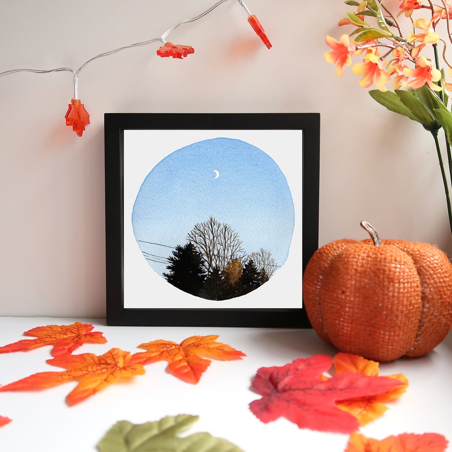 Crescent Moon and Trees - Watercolor Sky Art Print