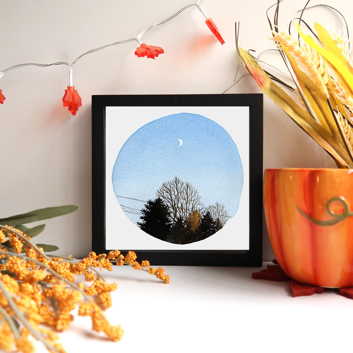 Crescent Moon and Trees - Watercolor Sky Art Print