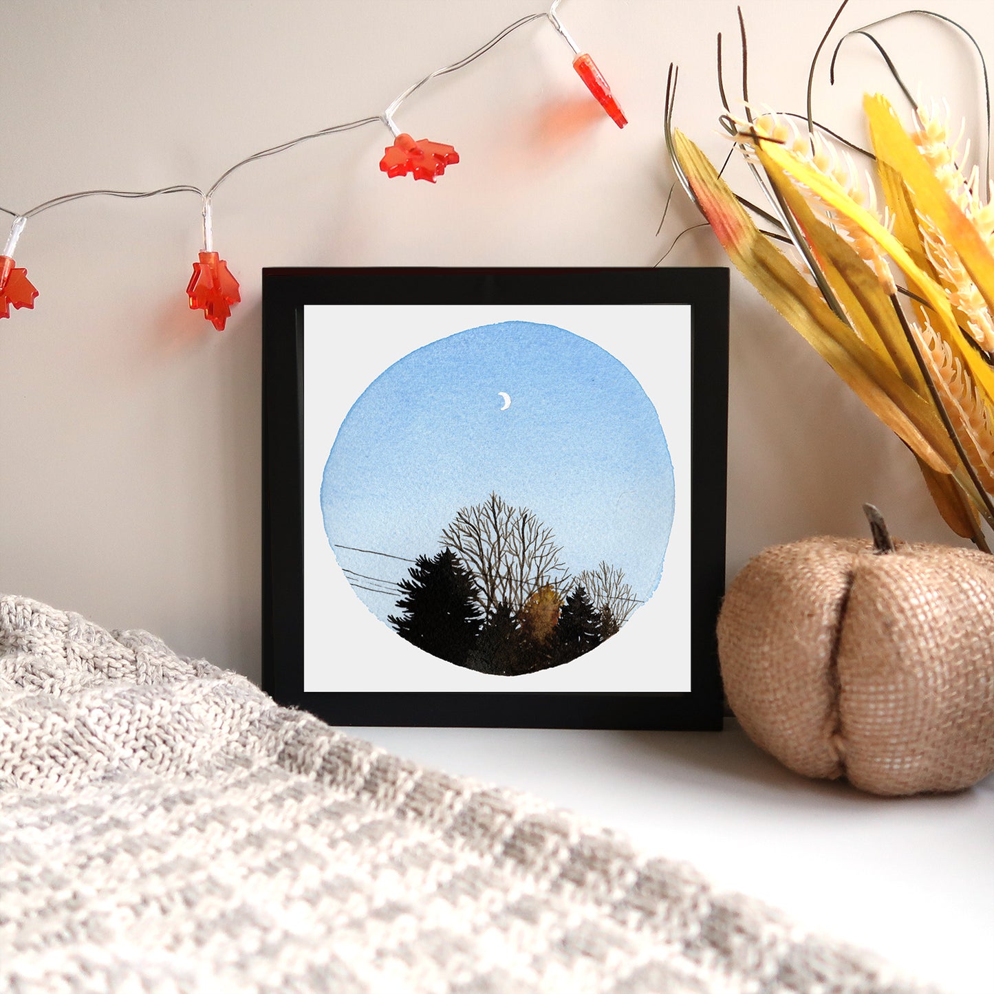 Crescent Moon and Trees - Watercolor Sky Art Print
