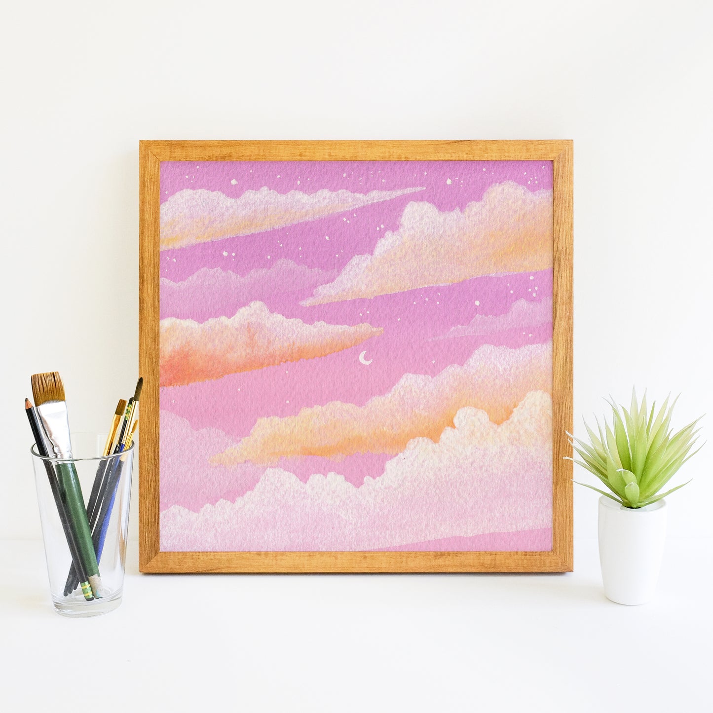 Dreamy Pink Moon Sunset - Watercolor Sky Art Print