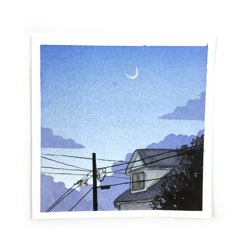 Dusk Sky With Moon - Original Watercolor Painting Miniature