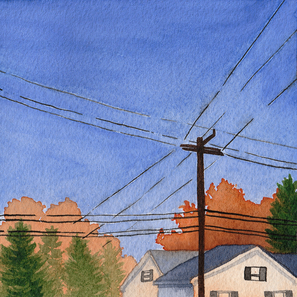 Fall Trees with Powerlines - Original Watercolor Painting Inktober Day 18