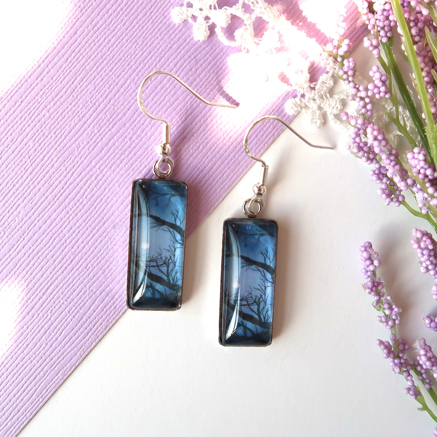 Full Moon Through the Trees Rectangle Dangle Earrings
