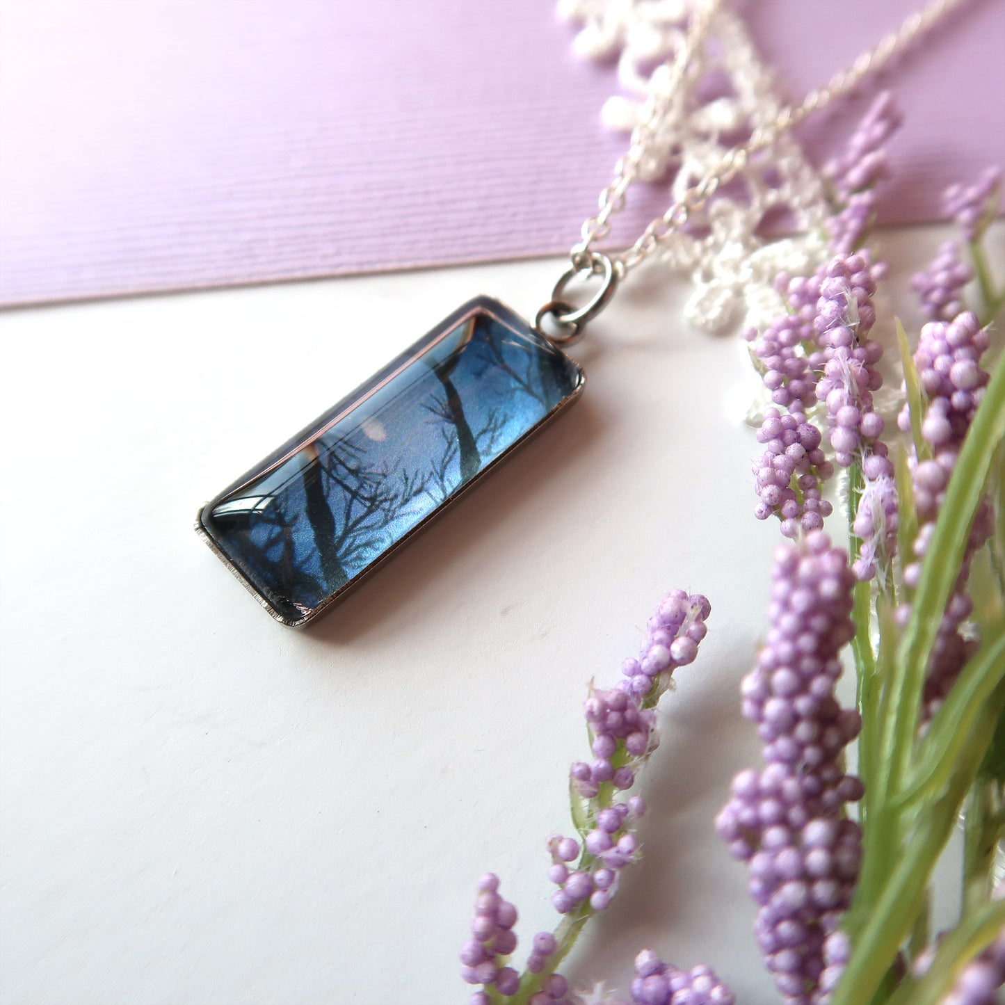 Full Moon Through the Trees Miniature Watercolor Necklace