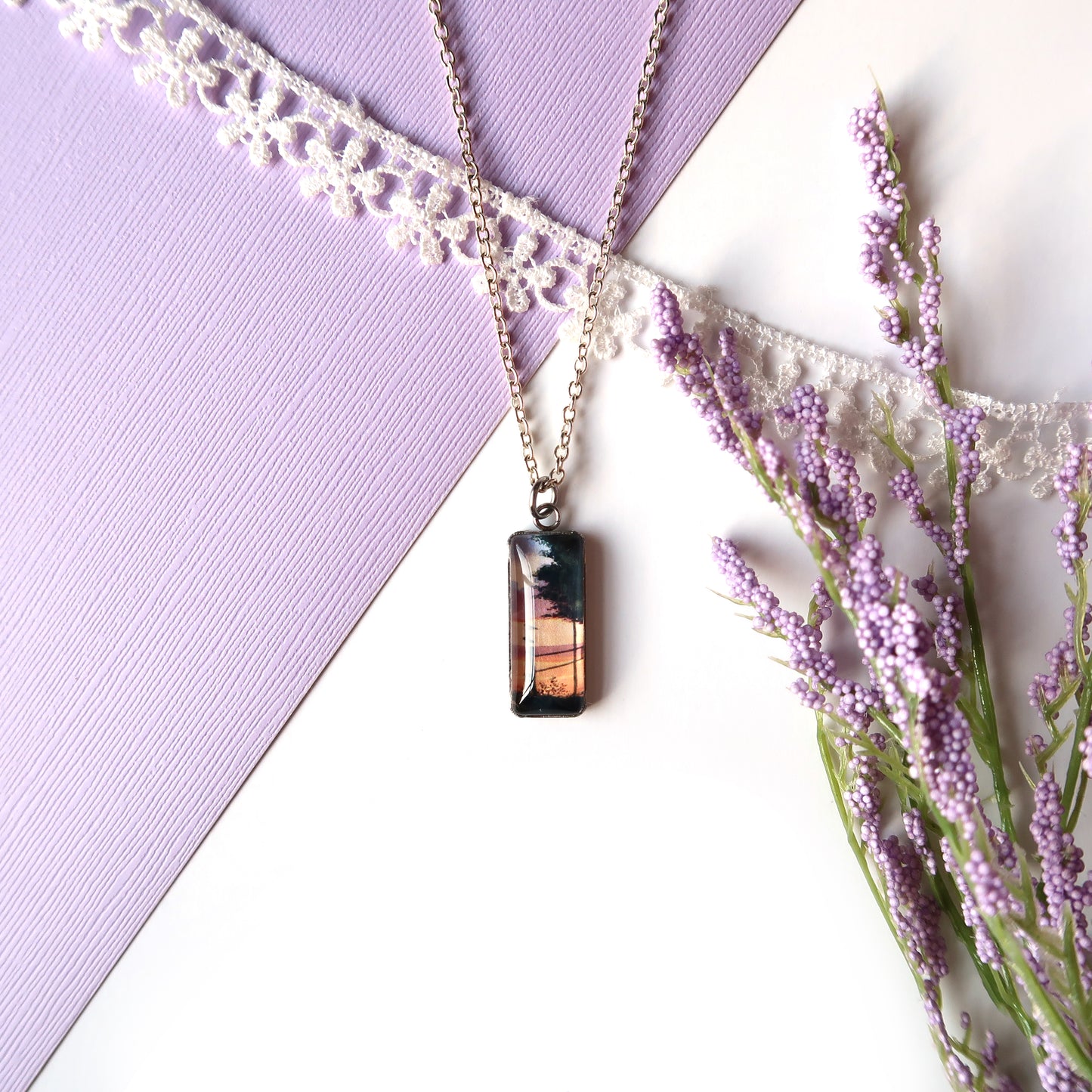 Orange Sunset Sky Miniature Watercolor Necklace