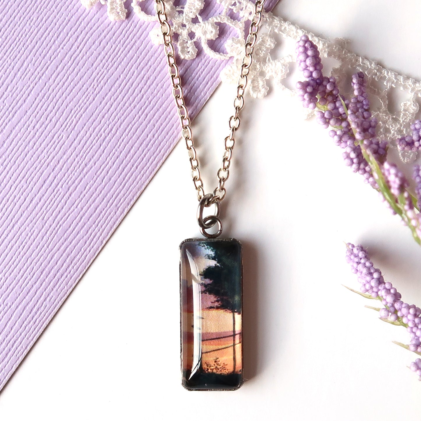 Orange Sunset Sky Miniature Watercolor Necklace