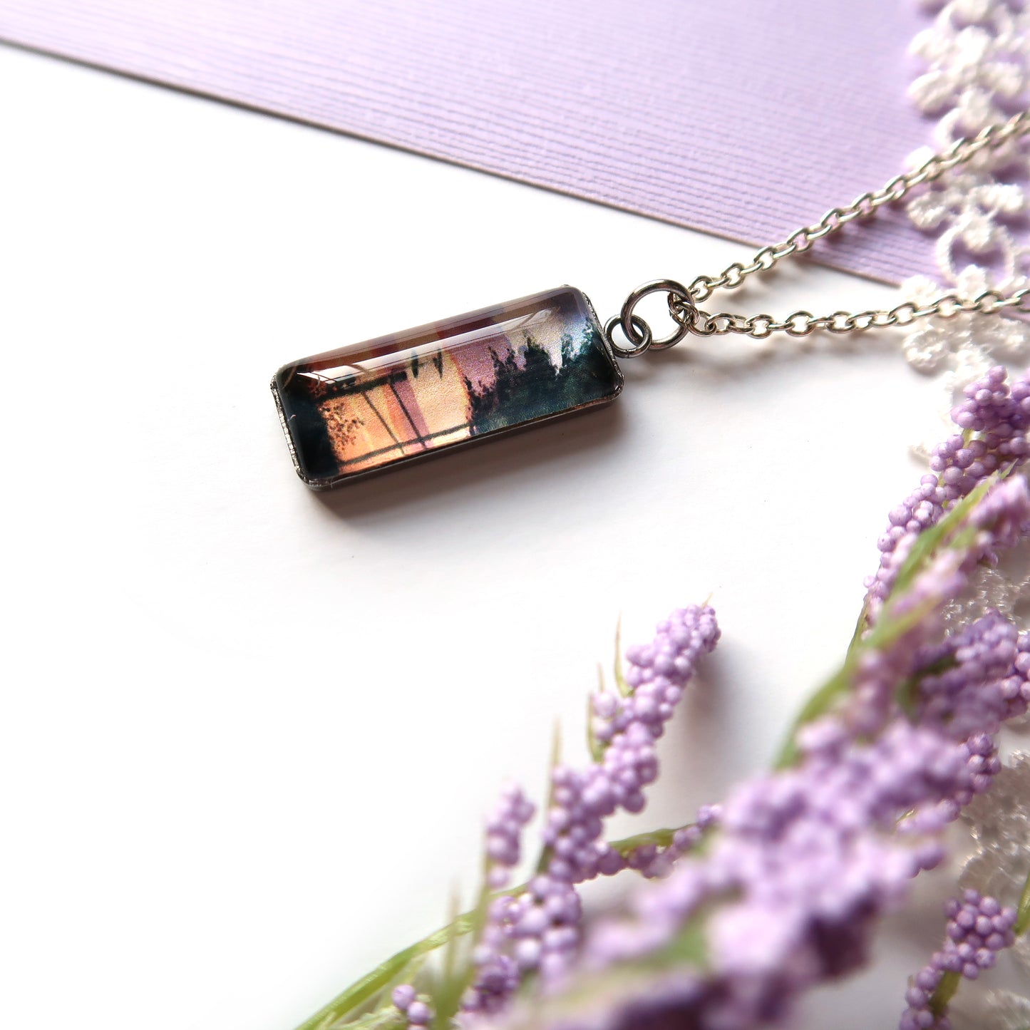 Orange Sunset Sky Miniature Watercolor Necklace