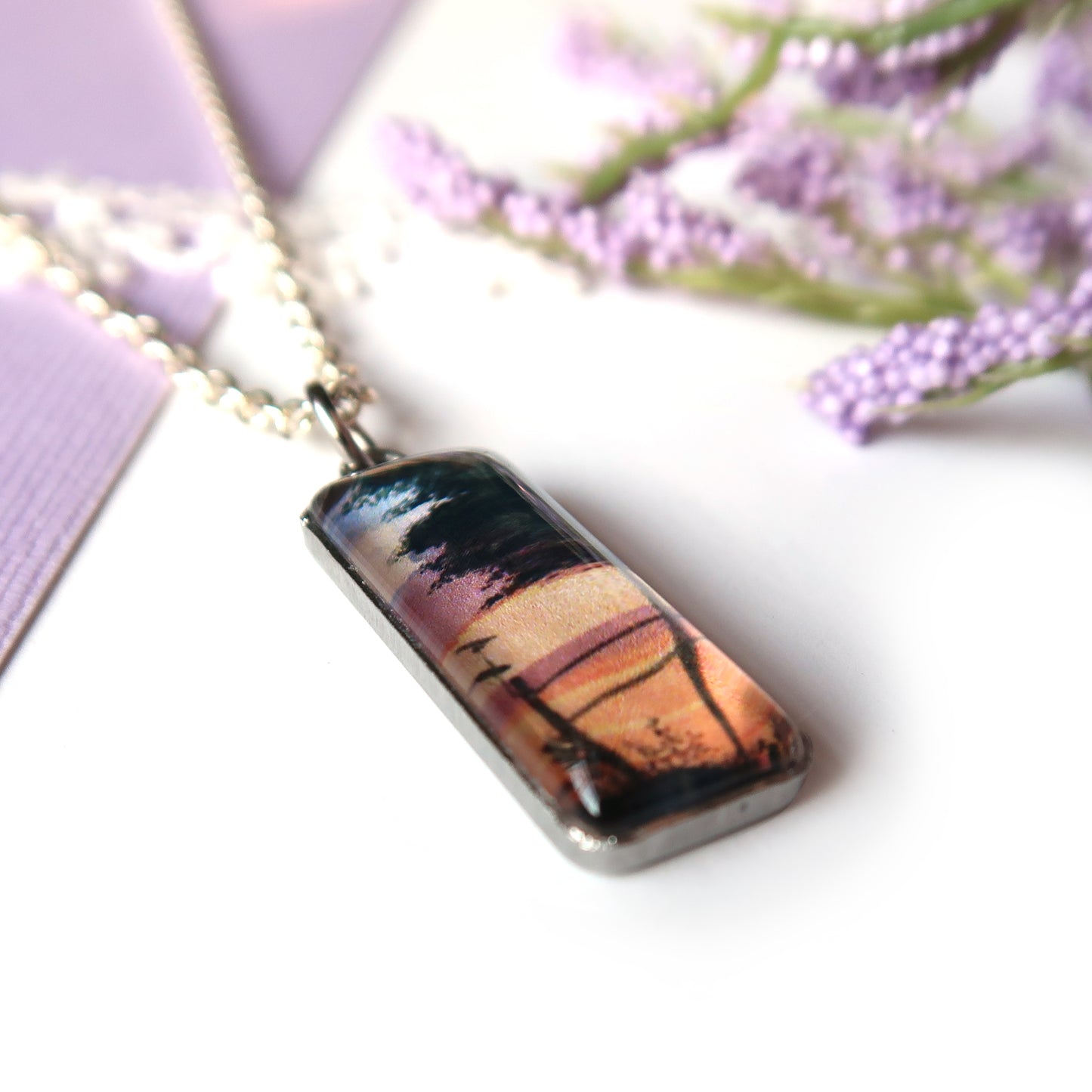 Orange Sunset Sky Miniature Watercolor Necklace