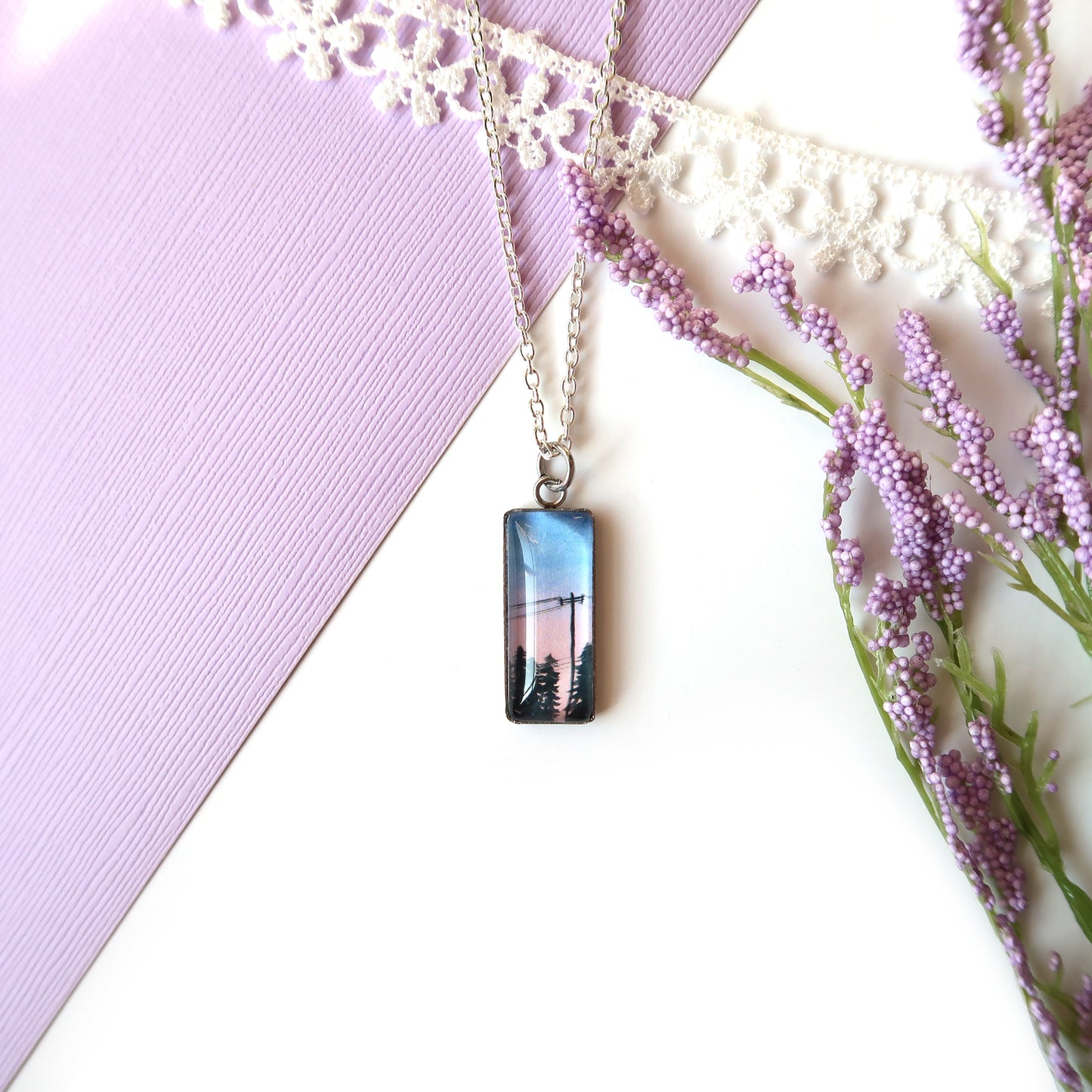 Pink and Blue Sunset Miniature Watercolor Sky Necklace