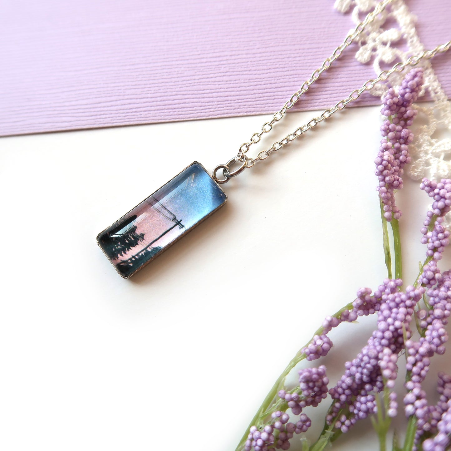 Pink and Blue Sunset Miniature Watercolor Sky Necklace