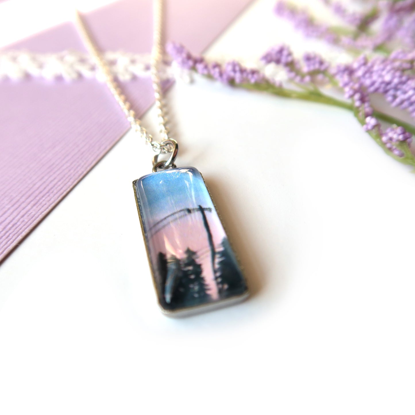 Pink and Blue Sunset Miniature Watercolor Sky Necklace