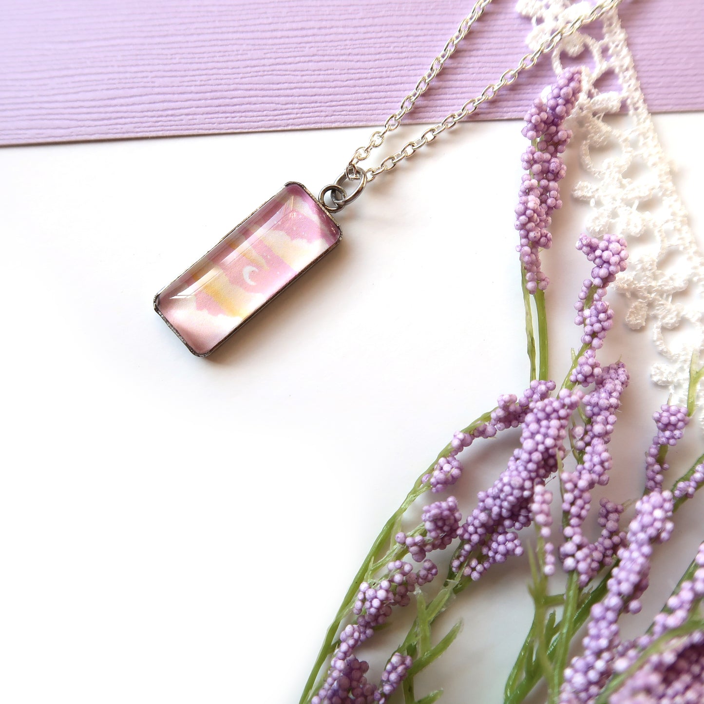 Dreamy Pink Sunset Miniature Watercolor Sky Necklace