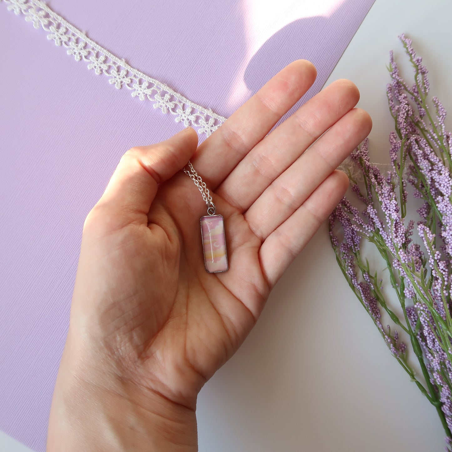 Dreamy Pink Sunset Miniature Watercolor Sky Necklace