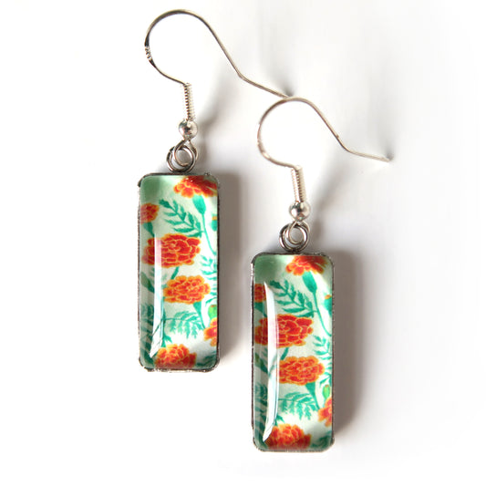 Marigolds Floral Rectangle Dangle Earrings