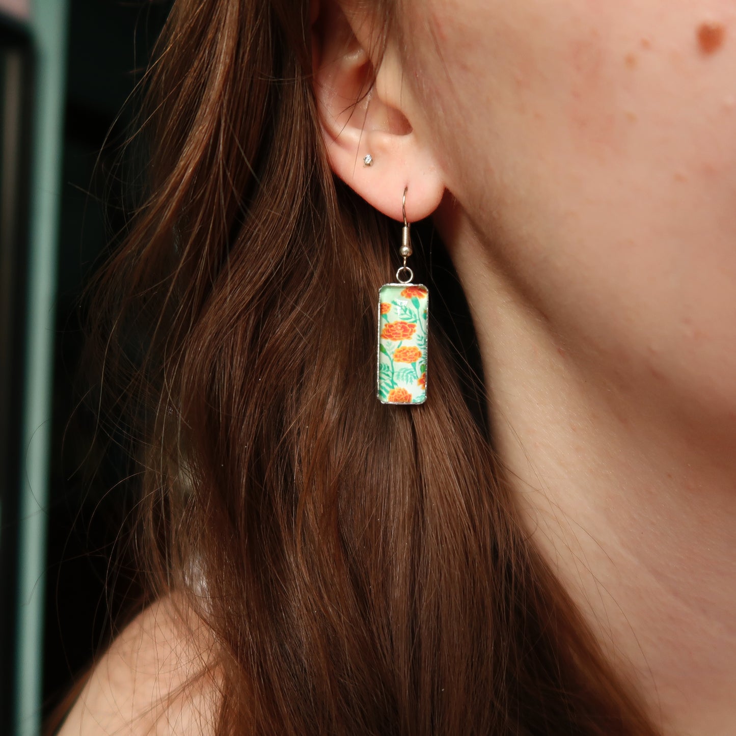 Marigolds Floral Rectangle Dangle Earrings