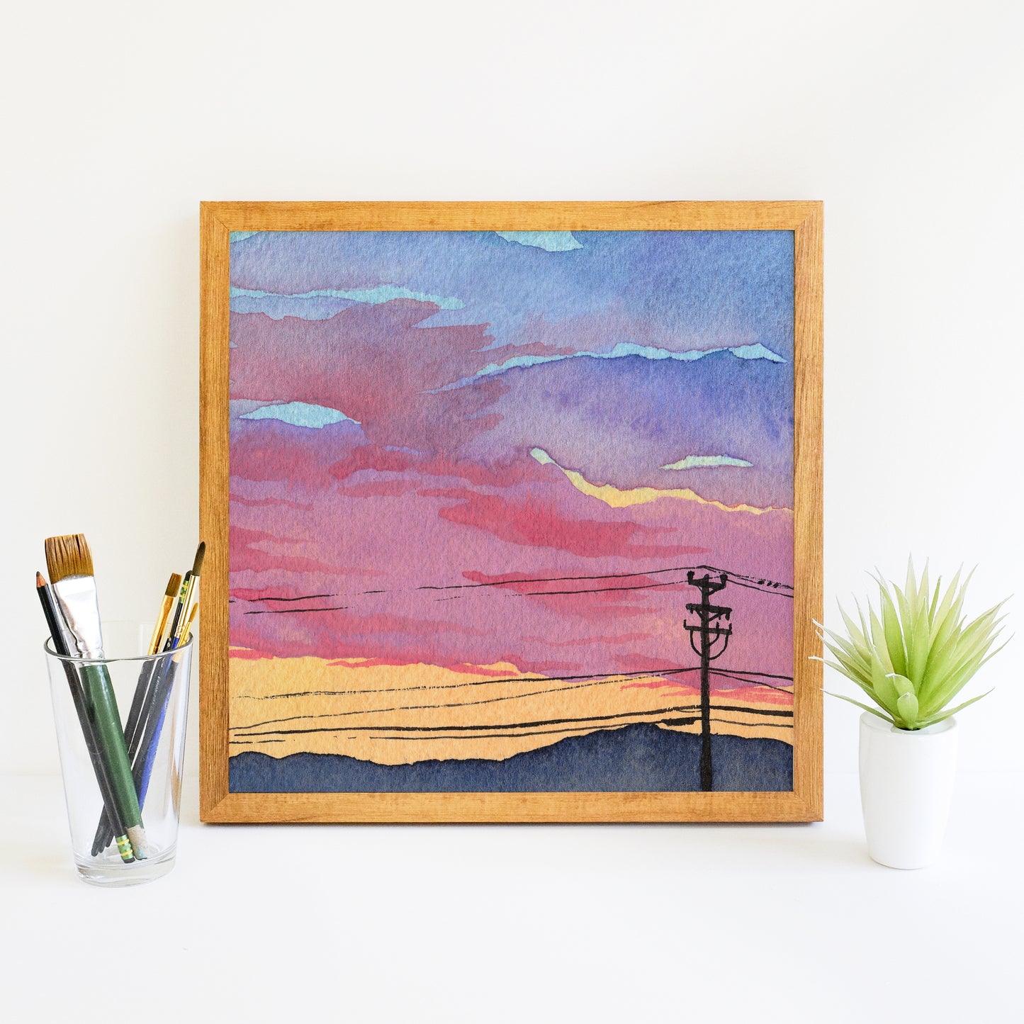 Orange Mountain Sunset - Watercolor Sky Art Print